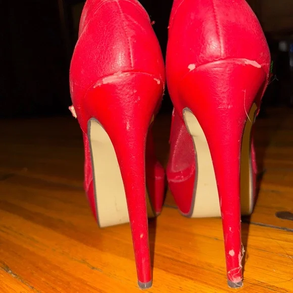 Size 7 ruby red mesh platform peep toe sandals heels worn by Christian Cinn - Picture 3 of 8